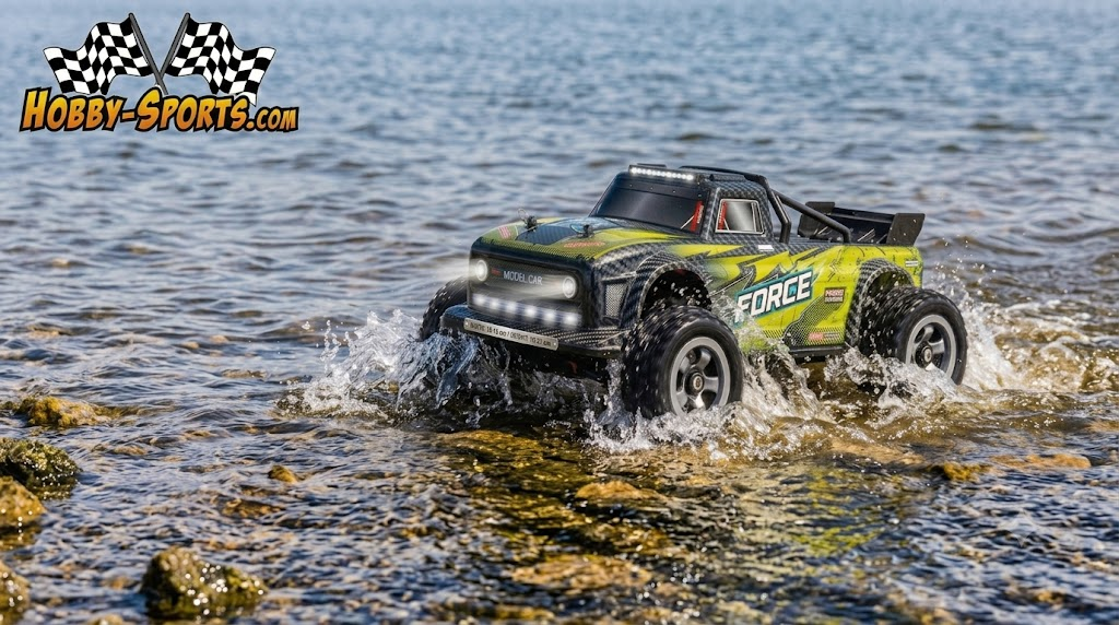 Green RC monster truck splashing through shallow water near rocky shoreline, showcasing off-road waterproof capability.