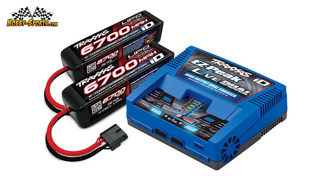 Two Traxxas 6700mAh LiPo batteries with iD connectors placed beside a blue EZ-Peak Live dual charger unit.