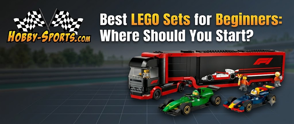 Hobby-Sports.com featuring a LEGO F1 race car transport truck set with minifigures and racing cars for beginners.