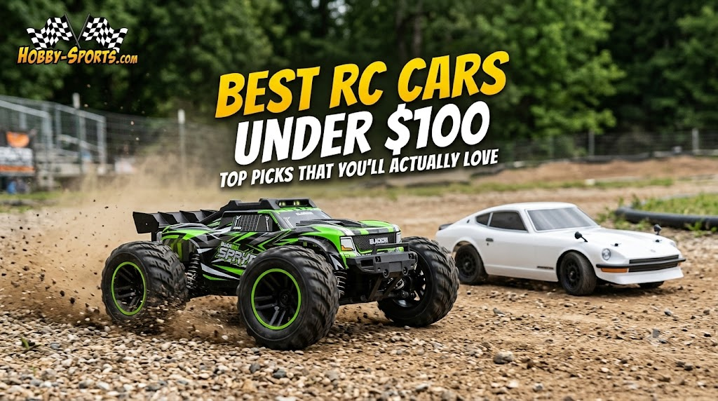 Green and black RC monster truck kicking up dirt beside a white RC sports car on a dirt track, best budget RC cars under $100.