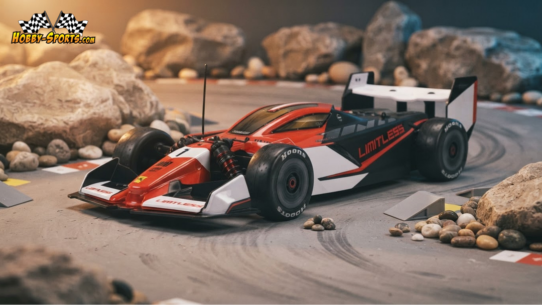 Red and white RC race car with rear wing parked on a rocky dirt track, built for durability and off-road play.