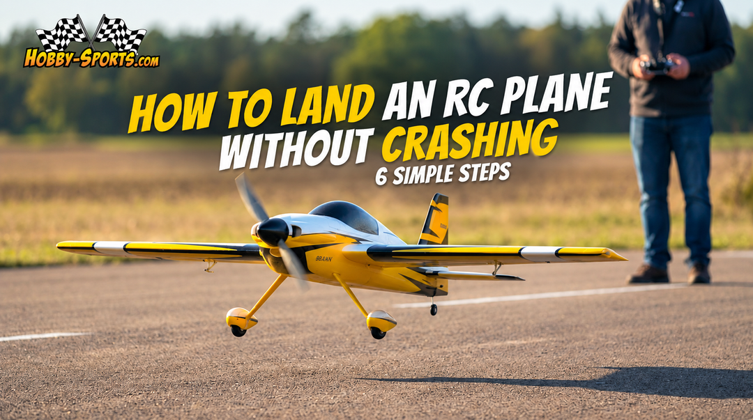 Yellow and black RC plane touching down on a paved runway while a pilot holds the transmitter showing how to land an RC plane.