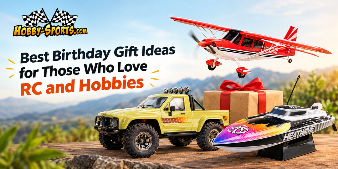 Birthday gift ideas banner featuring an RC truck, red plane, and Heatwave RC boat with a gift box outdoors.