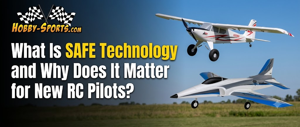 Hobby-Sports.com banner showing two RC planes in flight with text about SAFE Technology for new RC pilots and beginners.