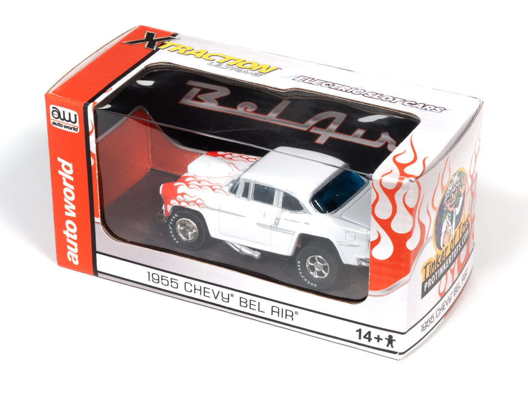 HO 1955 Chevy Bel Air White with Red Flames Auto World Slot Car
