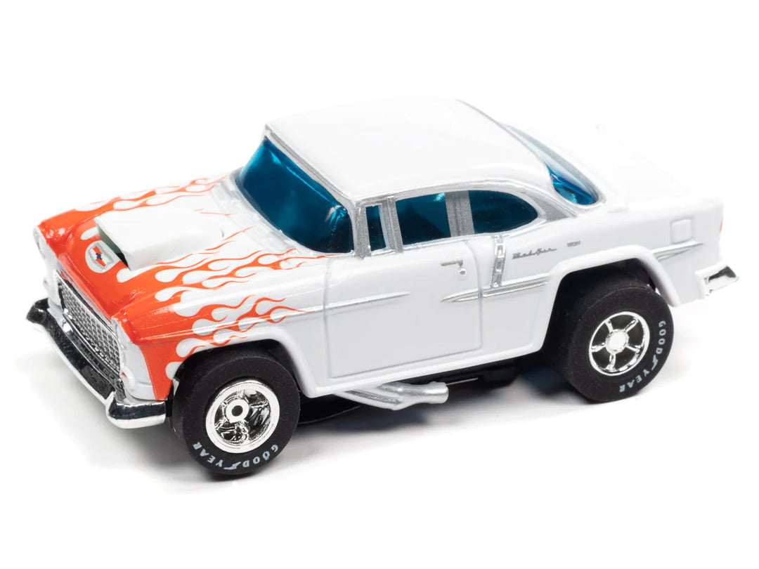 HO 1955 Chevy Bel Air White with Red Flames Auto World Slot Car