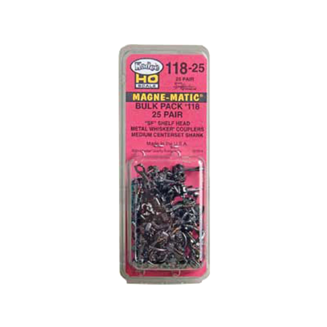 Kadee #118-25 HO Scale Bulk Pack - 25 pair #118 SF Shelf Whisker Metal Couplers - Medium (9/32") Centerset Shank KAD11825