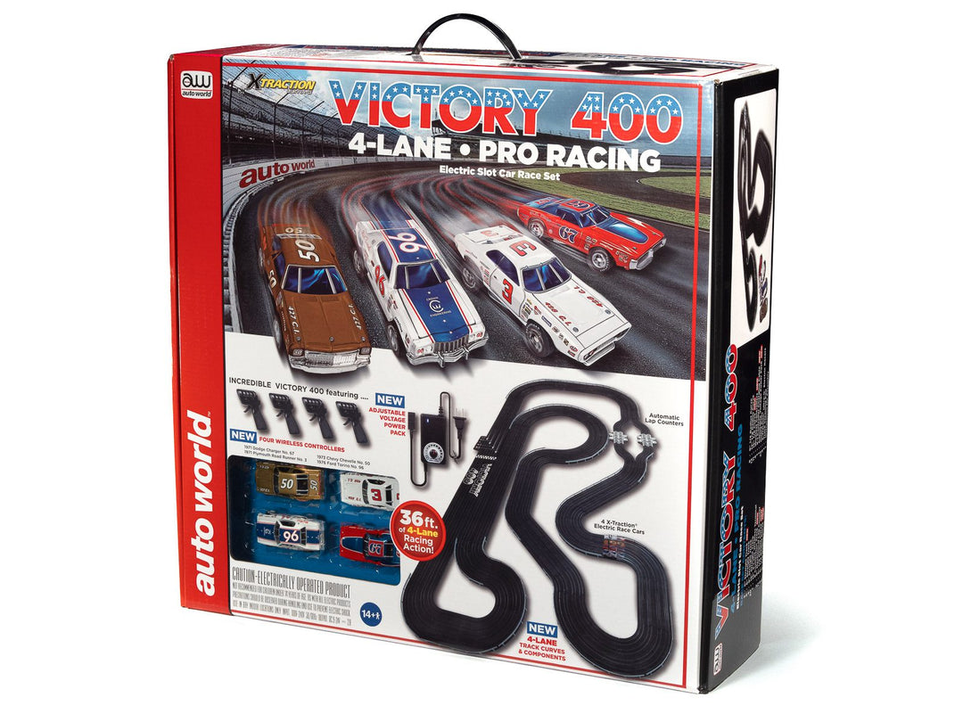 AUTO WORLD 36' VICTORY 400 4 LANE SLOT RACE SET HO SCALE SRS345